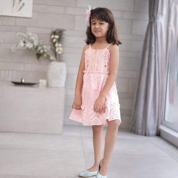 Sleeveless pink cotton birthday frock for girls, top-rated kidswear shop Jaipur