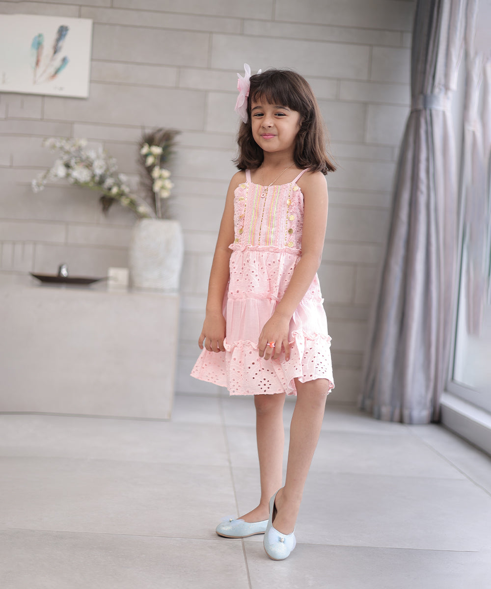 Sleeveless pink cotton birthday frock for girls, top-rated kidswear shop Jaipur