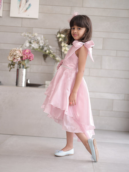Layered high-low pink frock for girls, top-rated kidswear shop Jaipur
