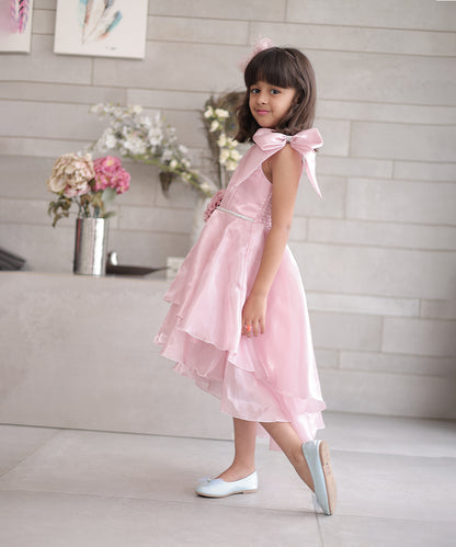 Layered high-low pink frock for girls, top-rated kidswear shop Jaipur