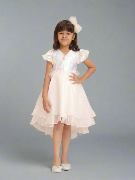 White party wear frock for girls with feather waist, top-rated kidswear shop Jaipur