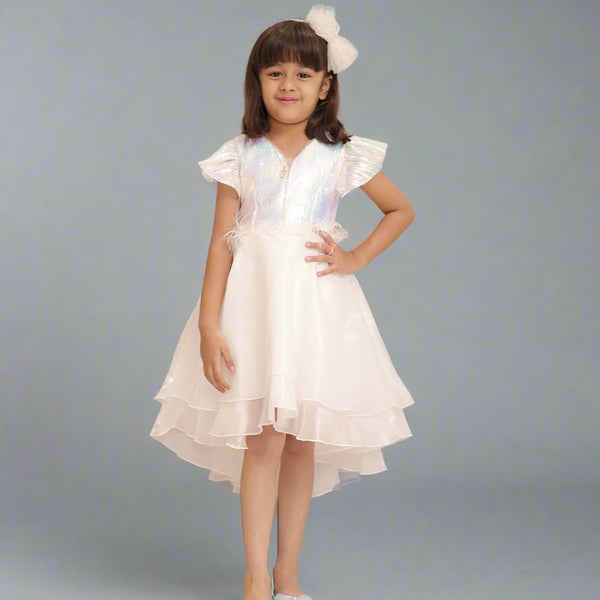 White party wear frock for girls with feather waist, top-rated kidswear shop Jaipur
