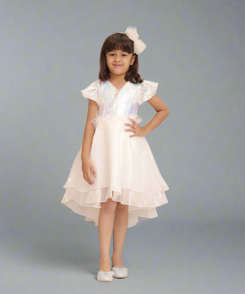 White party wear frock for girls with feather waist, top-rated kidswear shop Jaipur