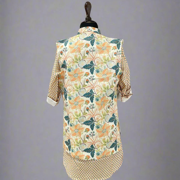 Kids partywear kurta pyjama set with printed long jacket, cotton blend Jaipur