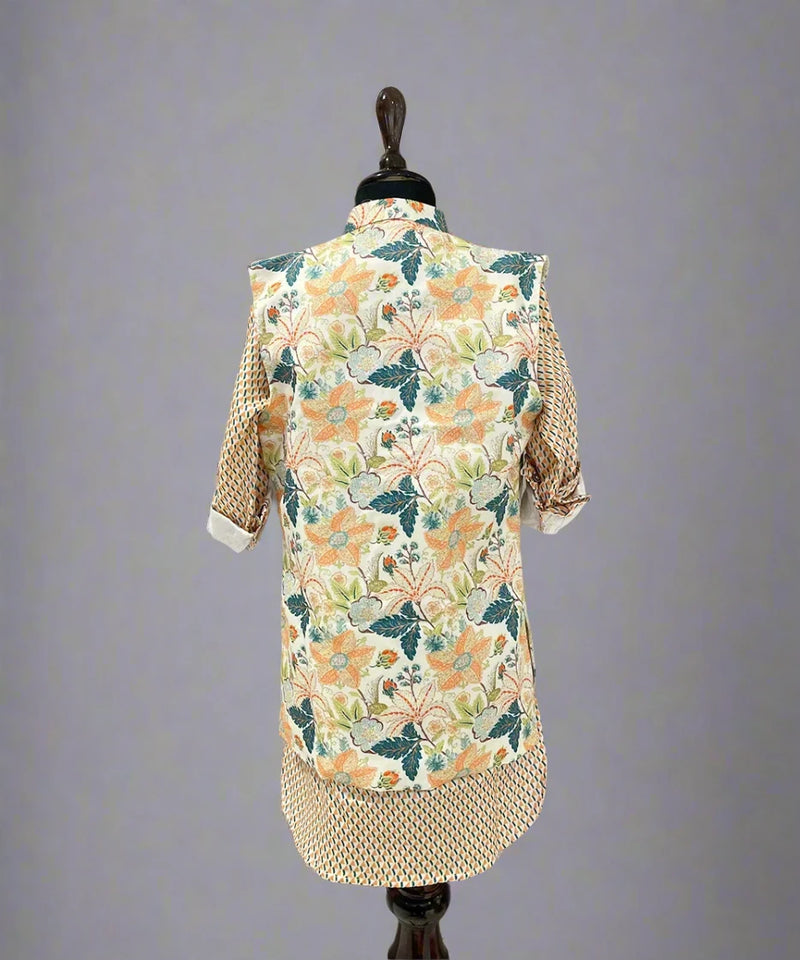 Kids partywear kurta pyjama set with printed long jacket, cotton blend Jaipur