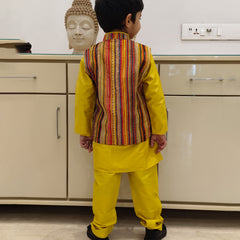 This is back look of yellow kurta pajama with multi color strip jacket