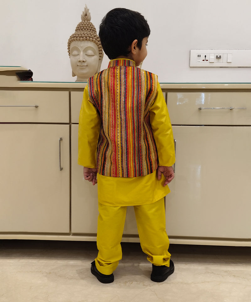 This is back look of yellow kurta pajama with multi color strip jacket
