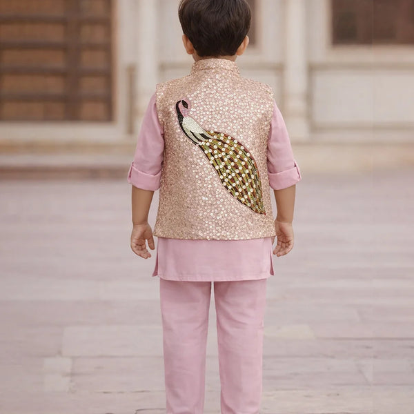 Child wearing a traditional outfit with a sequined vest featuring a peacock design.