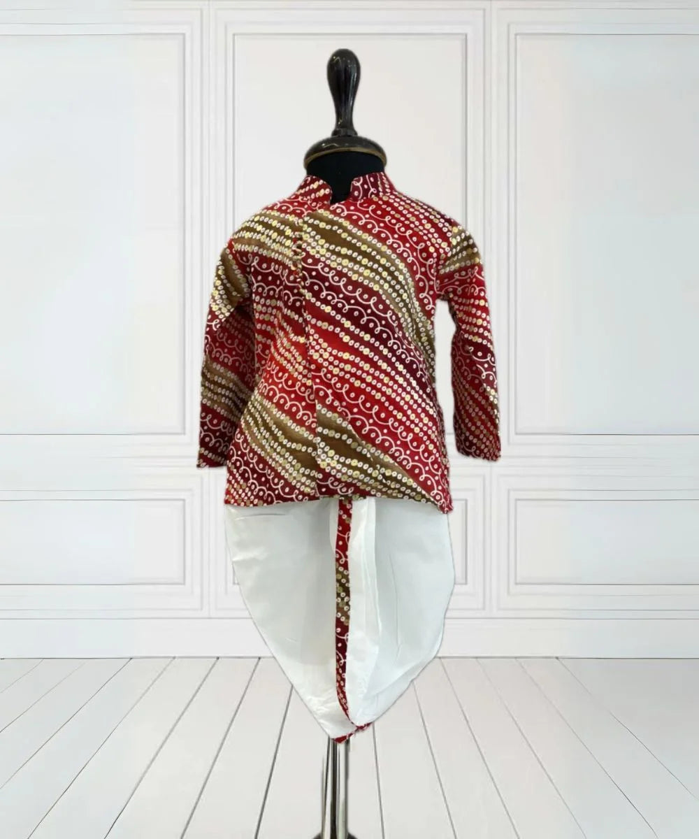 It is a multi-coloured Bhandej print boys' kurta set with a matching white dhoti. Dhoti comes with an elasticated waist and a tie-string belt.