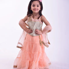 Lace and tassel detailed peach lehenga for kids, Jaipuri partywear in Jaipur