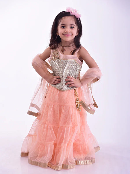 Lace and tassel detailed peach lehenga for kids, Jaipuri partywear in Jaipur