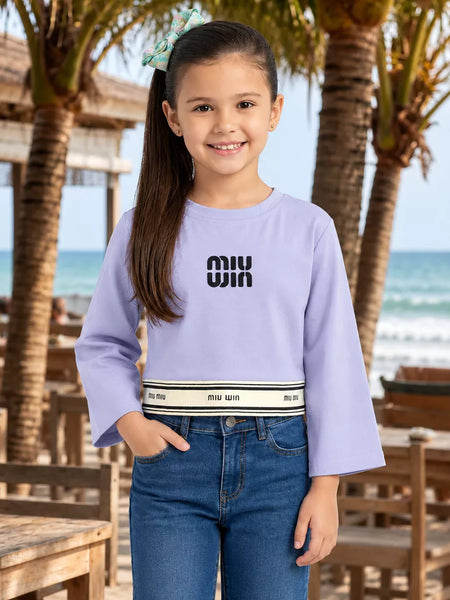 Girls' lavender light purple full sleeve crop top, front view, by Devils N Angels Jaipur