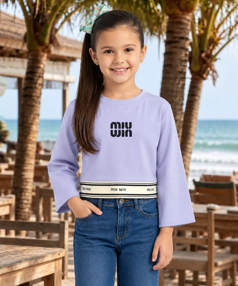 Girls' lavender light purple full sleeve crop top, front view, by Devils N Angels Jaipur