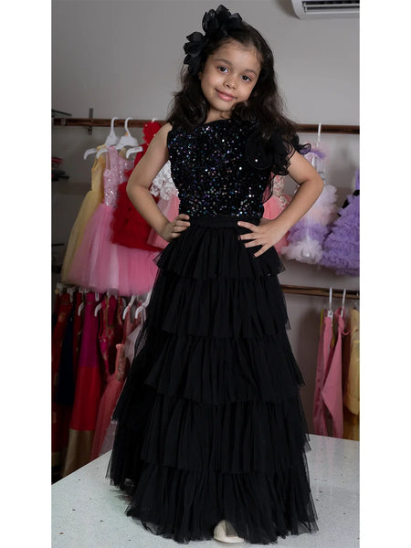 Layered black lehenga for girls with sequin crop top, trending readymade party wear in Jaipur