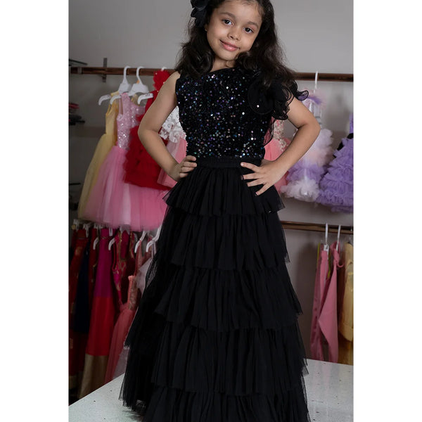 Layered black lehenga for girls with sequin crop top, trending readymade party wear in Jaipur