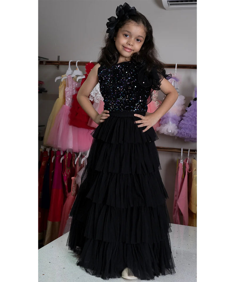 Layered black lehenga for girls with sequin crop top, trending readymade party wear in Jaipur