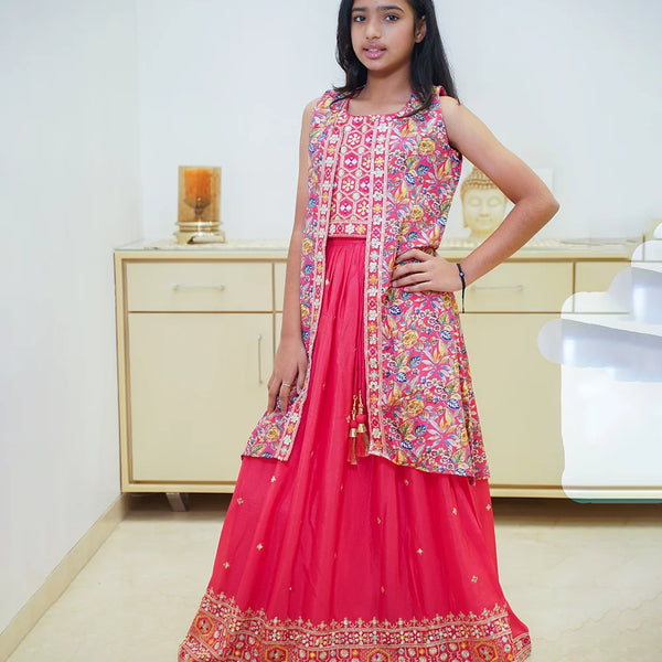 Kids wedding lehenga in tomato shade with embroidered shrug, lehenga for kids in Jaipur with price