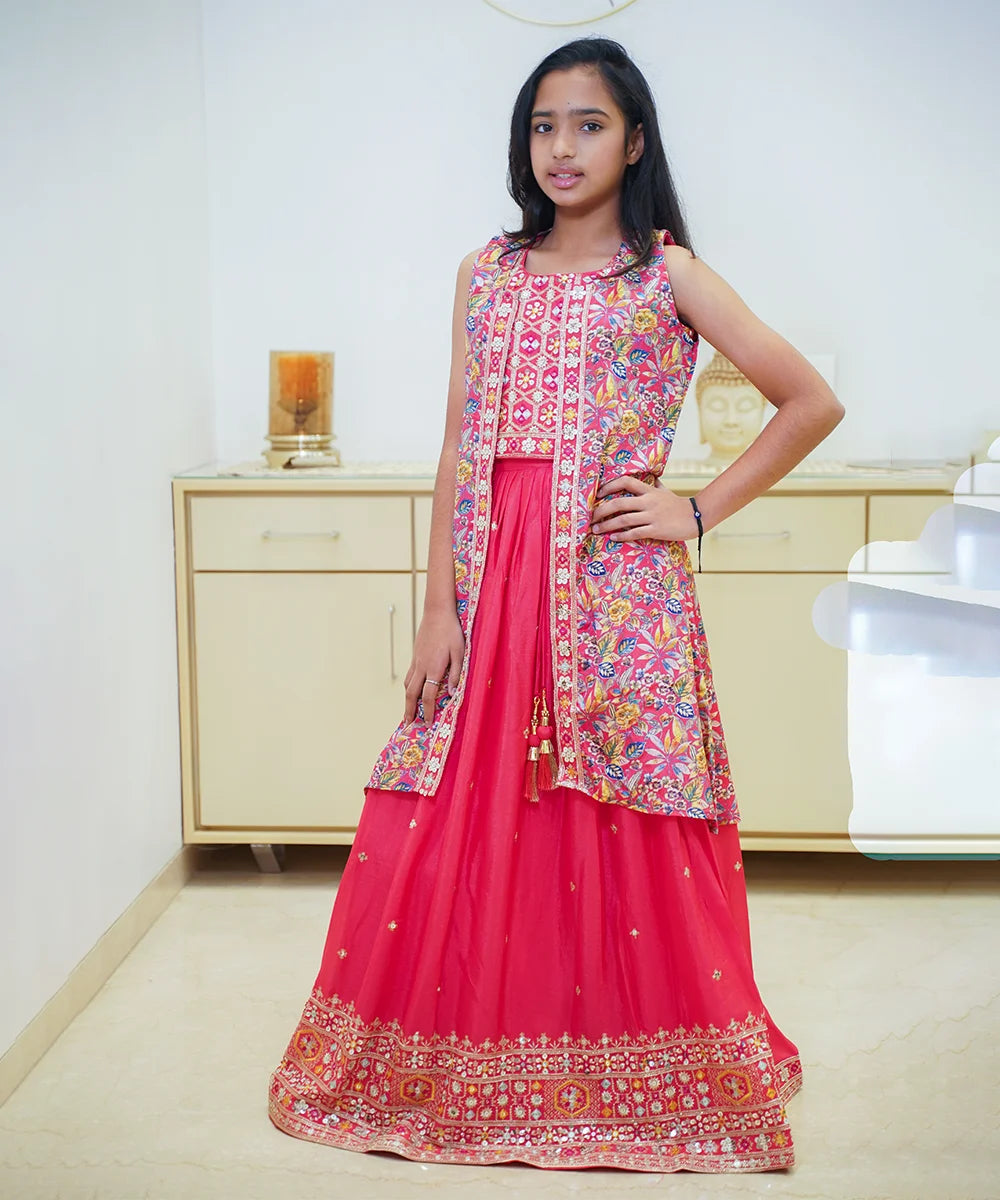 Kids wedding lehenga in tomato shade with embroidered shrug, lehenga for kids in Jaipur with price