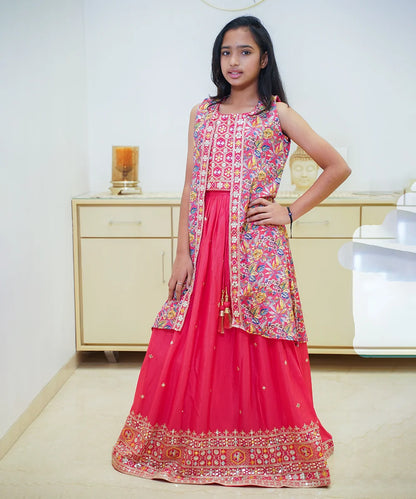 Kids wedding lehenga in tomato shade with embroidered shrug, lehenga for kids in Jaipur with price