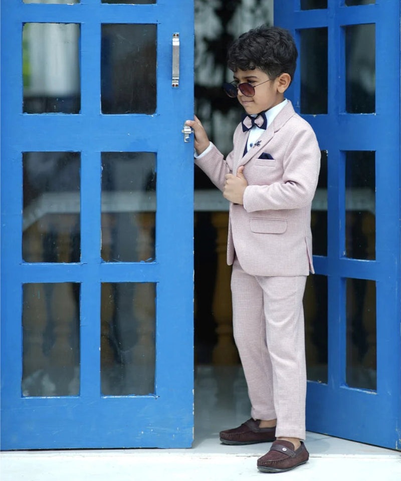 Single-breasted checked pink coat suit for boys, Jaipur kids wedding wear 