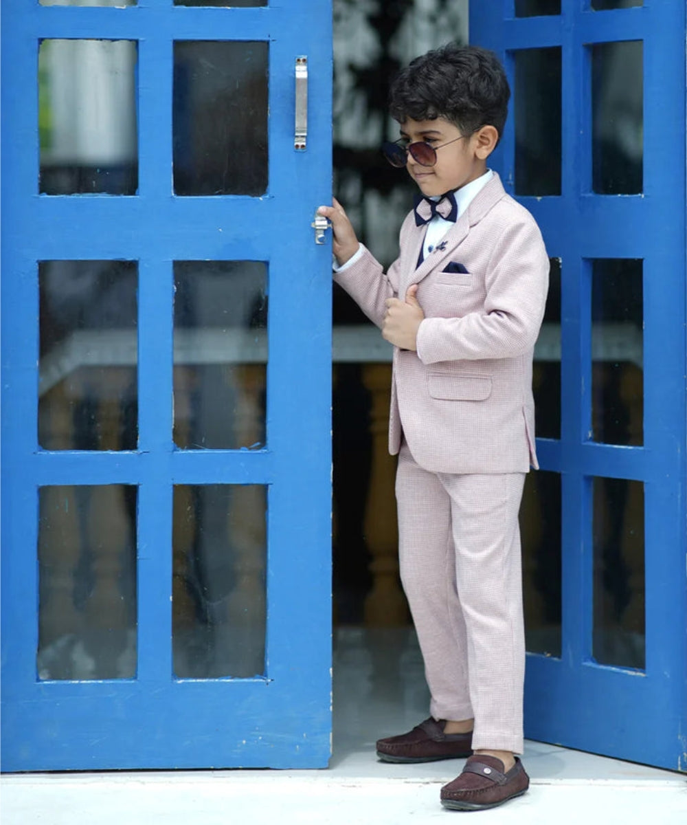 Single-breasted checked pink coat suit for boys, Jaipur kids wedding wear 