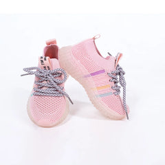 Girls' pink mesh summer sneakers with rainbow side stripes and chunky sole, Jaipur, ages 1–8 years