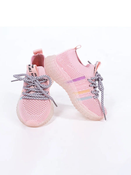 Girls' pink mesh summer sneakers with rainbow side stripes and chunky sole, Jaipur, ages 1–8 years