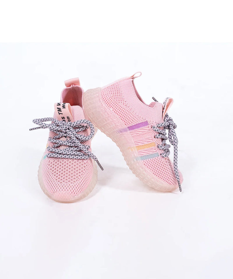 Girls' pink mesh summer sneakers with rainbow side stripes and chunky sole, Jaipur, ages 1–8 years