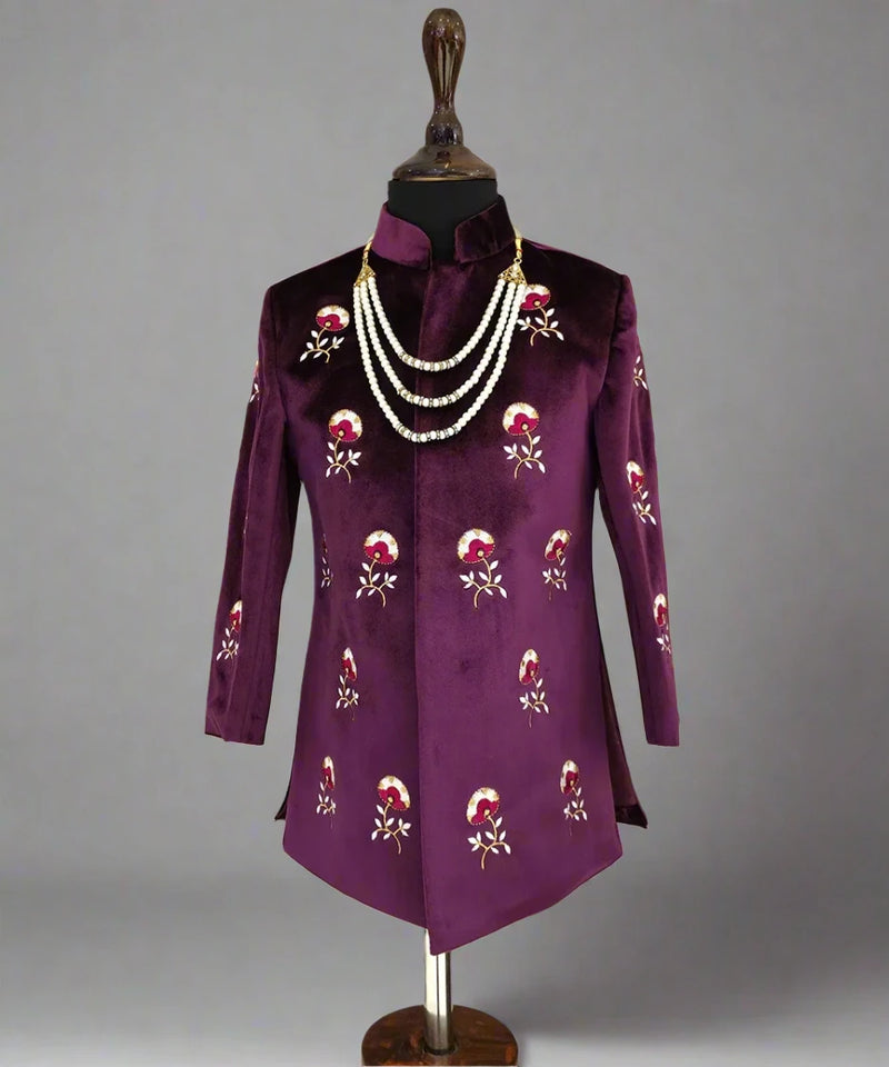 Luxury partywear sherwani for boys 1-4 years, wine velvet set, Jaipur boutique