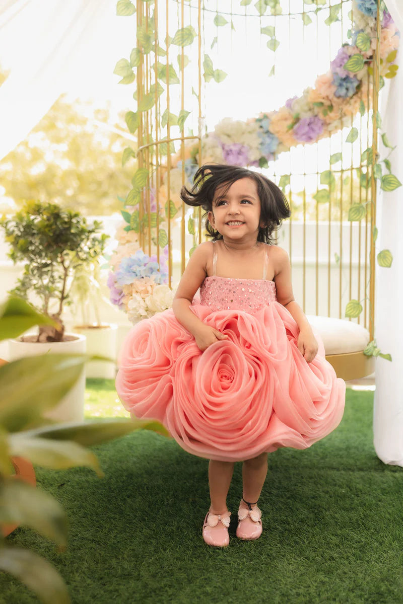 peach designer frock for baby girls