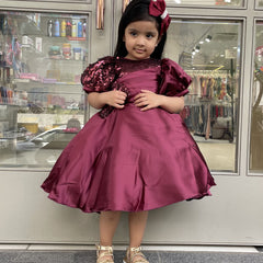 Maroon fancy frock for little girls with sequin yoke and bow, Jaipur