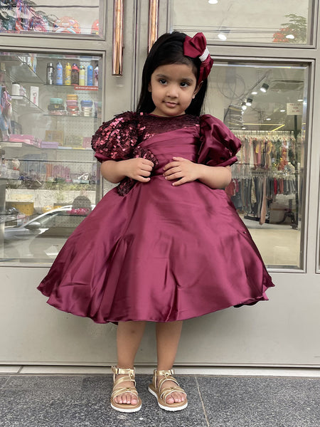Maroon fancy frock for little girls with sequin yoke and bow, Jaipur