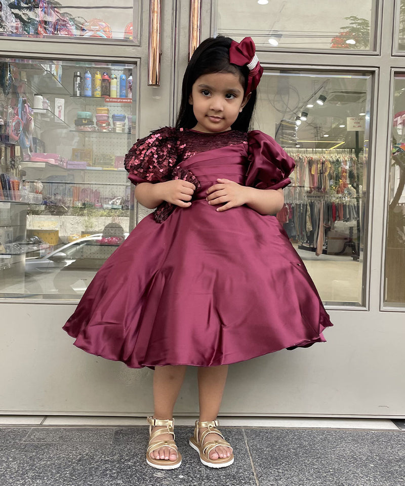 Maroon fancy frock for little girls with sequin yoke and bow, Jaipur