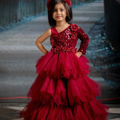 Maroon ruffle party wear gown for girls, one-shoulder design, Jaipur