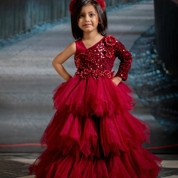 Maroon ruffle party wear gown for girls, one-shoulder design, Jaipur