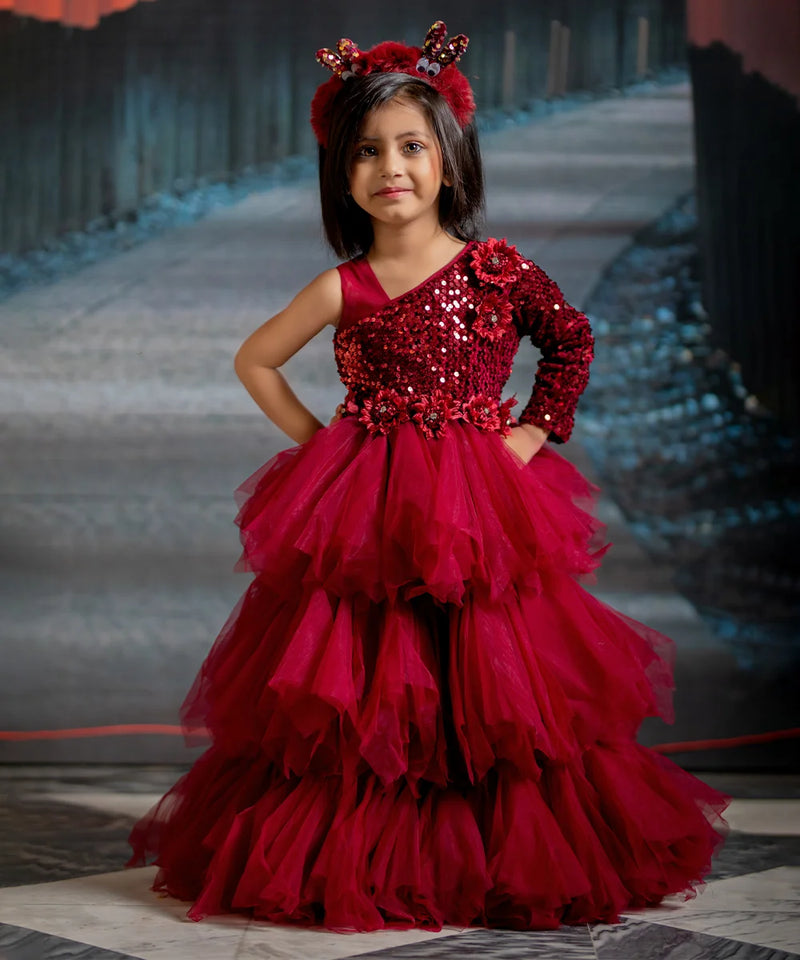 Maroon ruffle party wear gown for girls, one-shoulder design, Jaipur