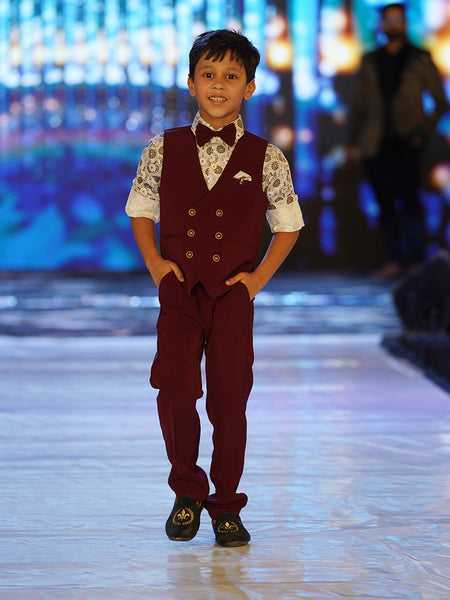 party wear maroon waist coat suit set for boys