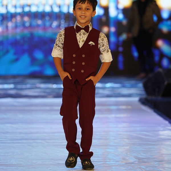 party wear maroon waist coat suit set for boys