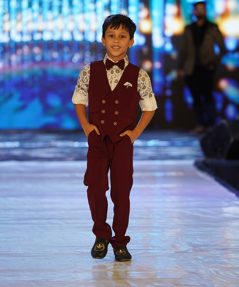 party wear maroon waist coat suit set for boys