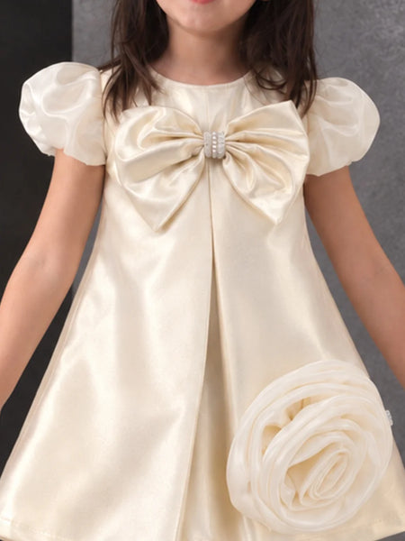 Girls' cream satin bow dress with puff sleeves, view 2