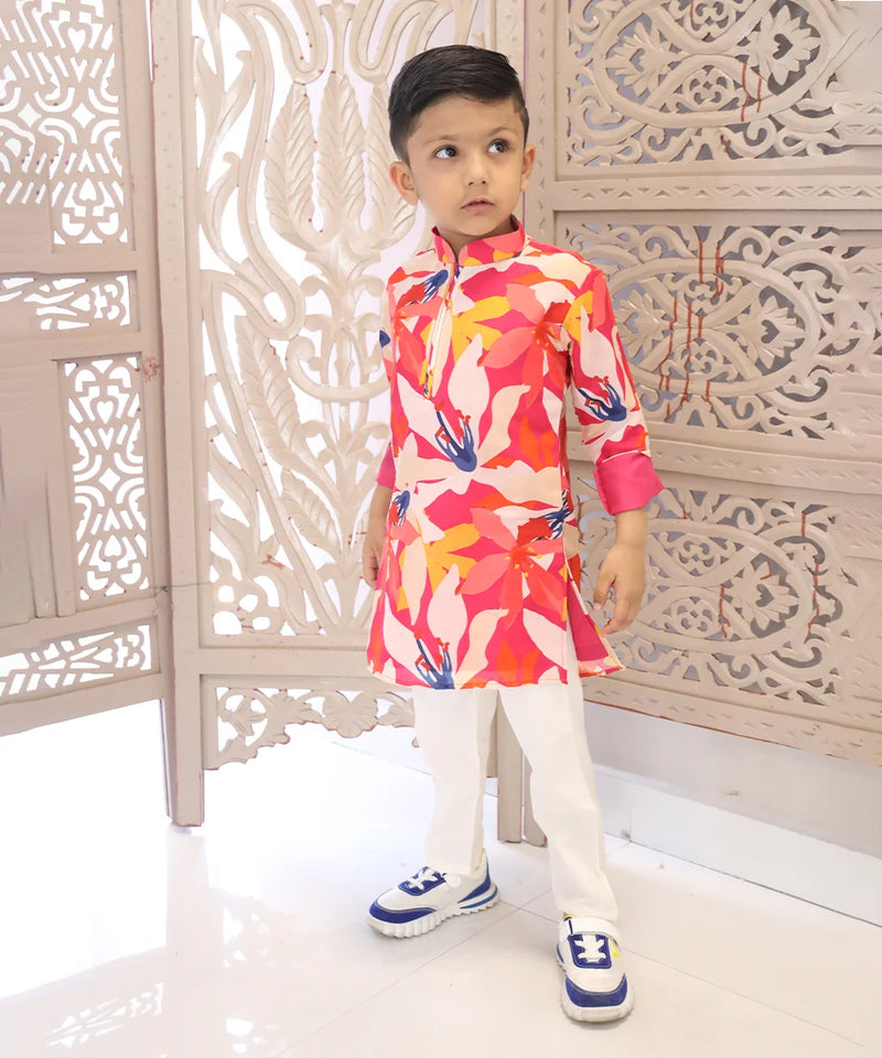 Multicoloured printed boys kurta pyjama set, latest designer Jaipur kidswear