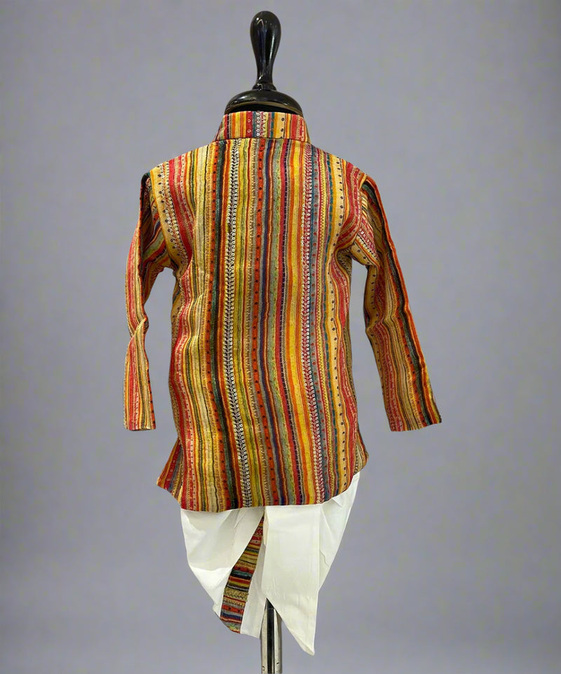 Multi-color striped yellow dhoti kurta set for infant boys, Jaipur festive wear