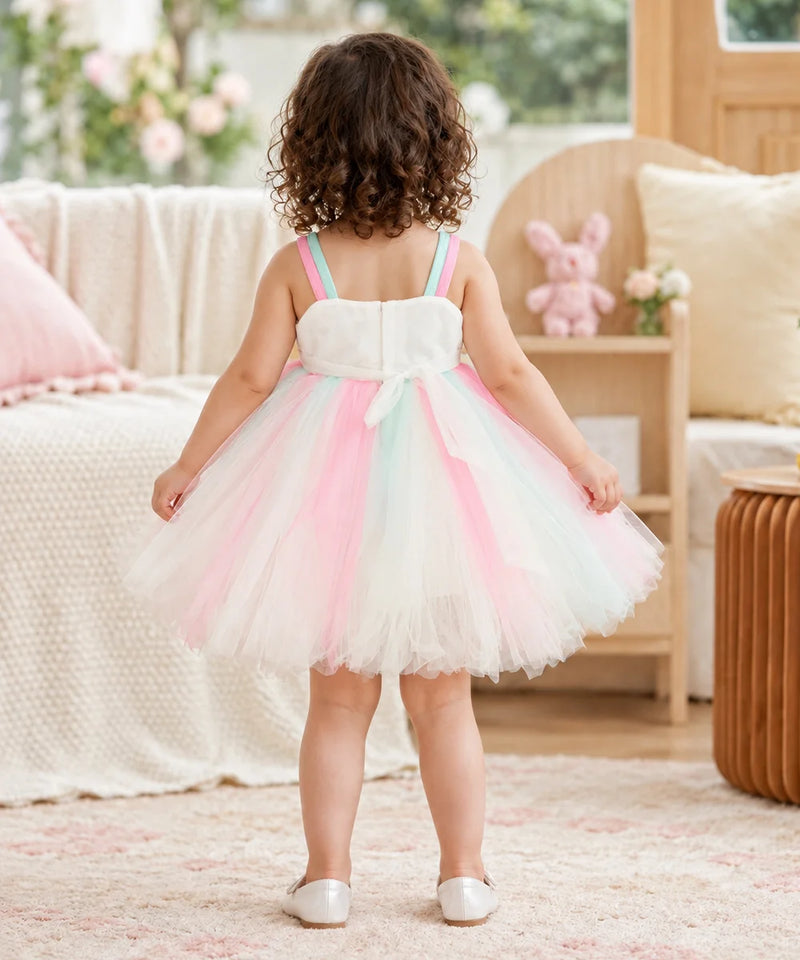 A toddler girl viewed from behind wearing a sleeveless white tutu dress with pastel pink, mint green, and light blue tulle stripes, standing in a softly decorated nursery or playroom.