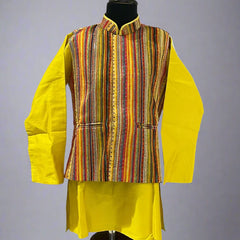 Mustard boys kurta pyjama set with self-striped waistcoat, Jaipur kidswear showroom
