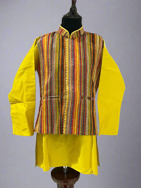 Mustard boys kurta pyjama set with self-striped waistcoat, Jaipur kidswear showroom
