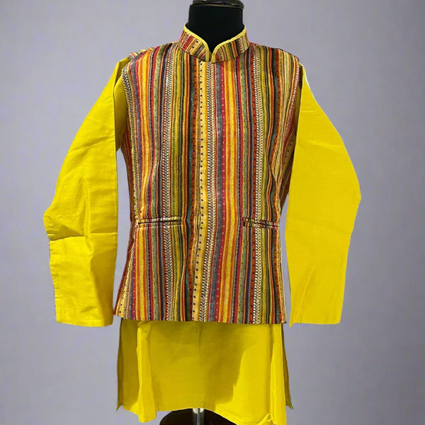 Mustard boys kurta pyjama set with self-striped waistcoat, Jaipur kidswear showroom
