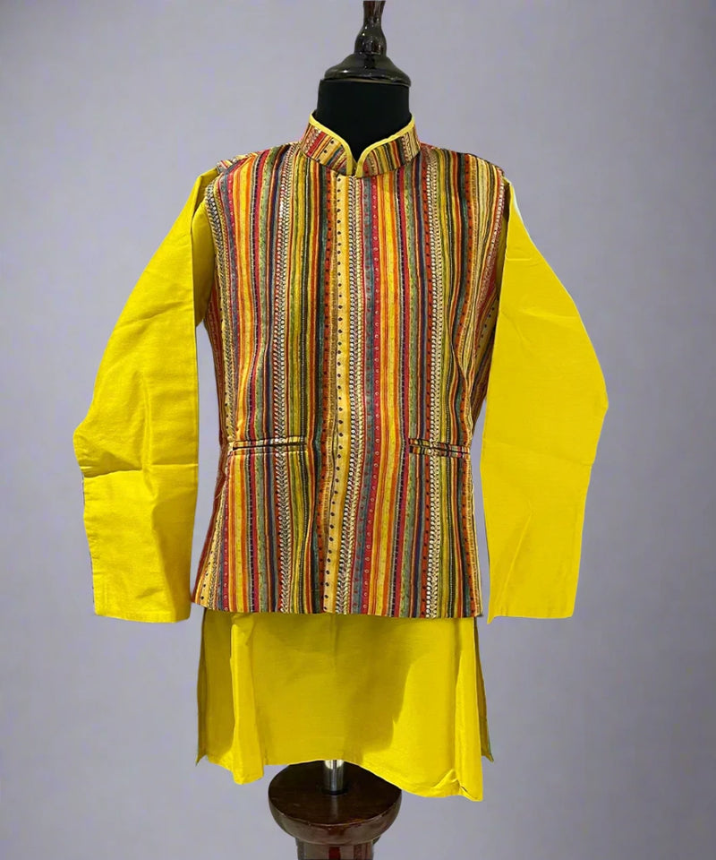 Mustard boys kurta pyjama set with self-striped waistcoat, Jaipur kidswear showroom