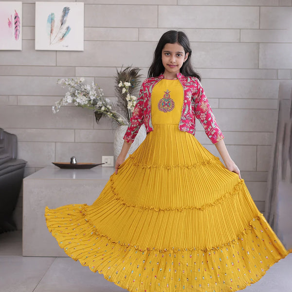 Mustard party wear gown for girls with pink embroidered shrug, Jaipur kids fashion