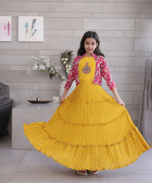 Mustard party wear gown for girls with pink embroidered shrug, Jaipur kids fashion