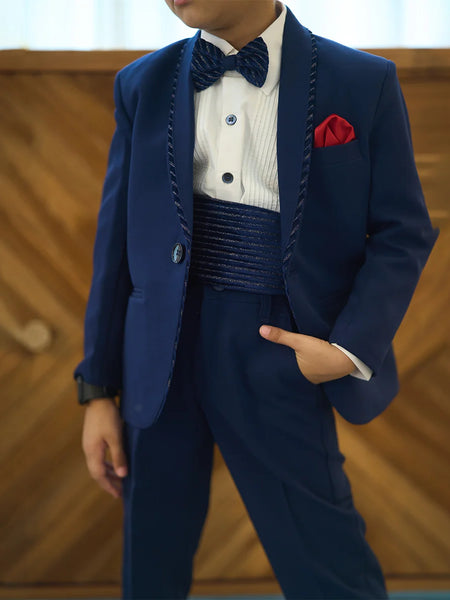 Self-striped navy tuxedo set for boys wedding and parties Jaipur